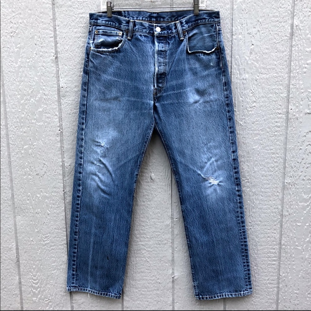Levi’s 501 Button Fly Distressed Jeans - G…
